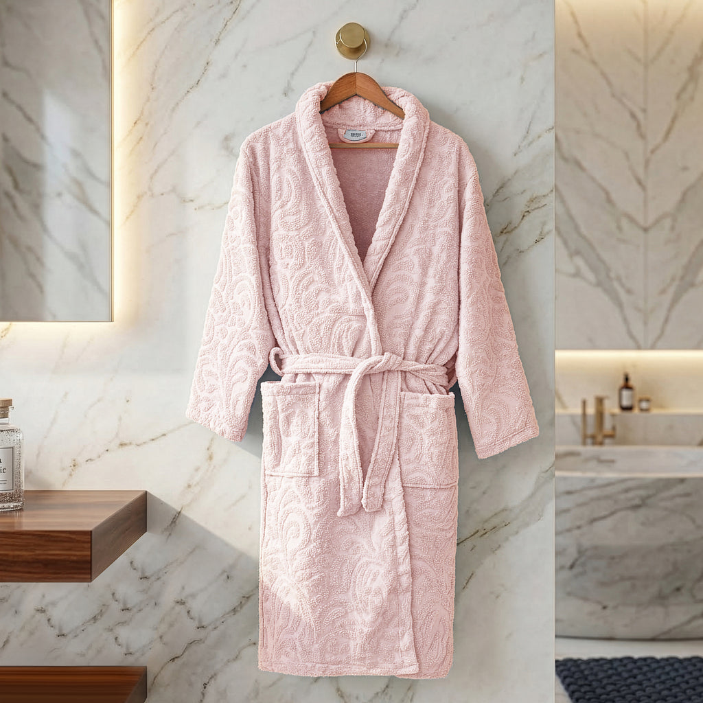 Eliz 100% Cotton Jacquard Bathrobe – Soft Absorbent Spa & Hotel Robe (Rose)