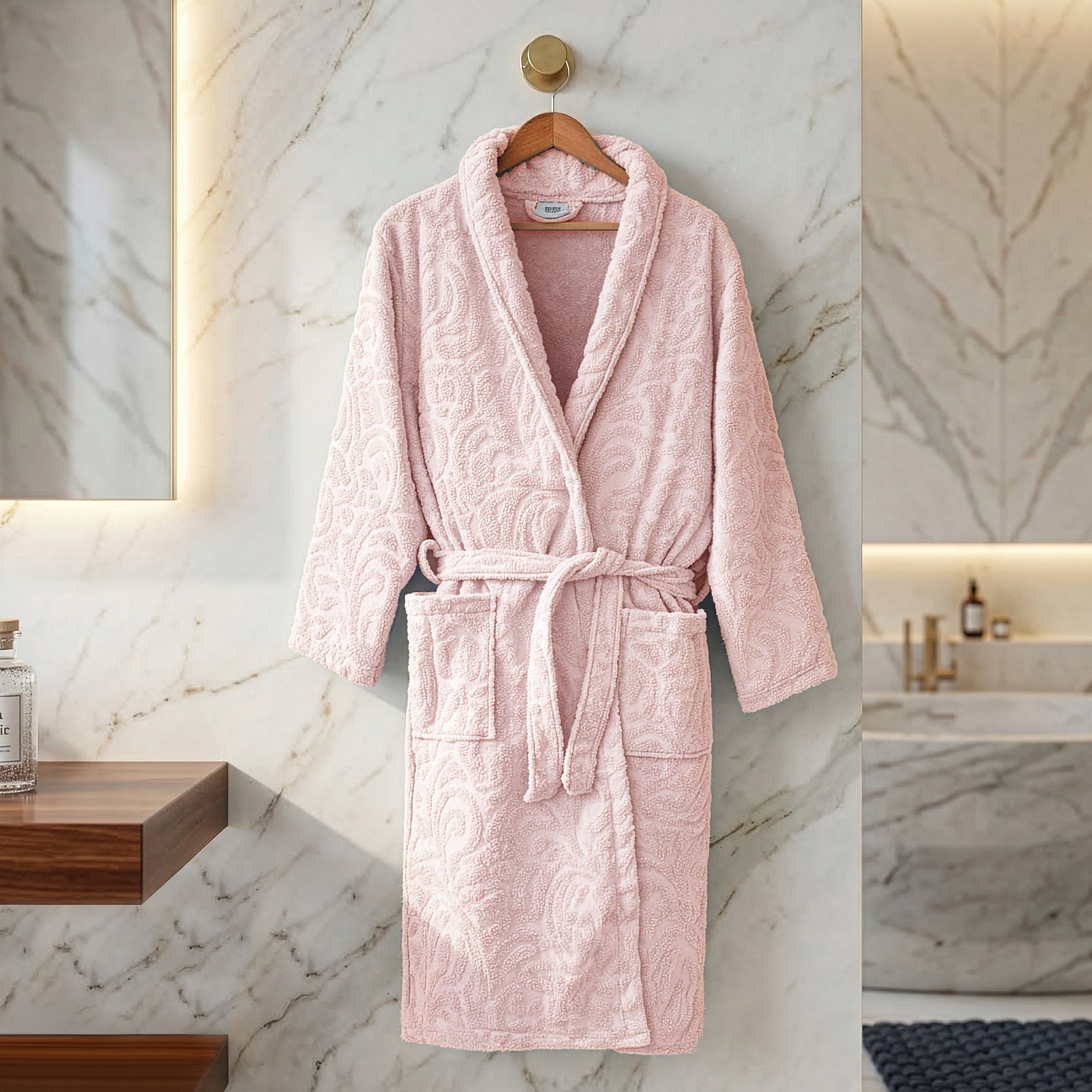 Eliz 100% Cotton Jacquard Bathrobe – Soft Absorbent Spa & Hotel Robe (Rose)