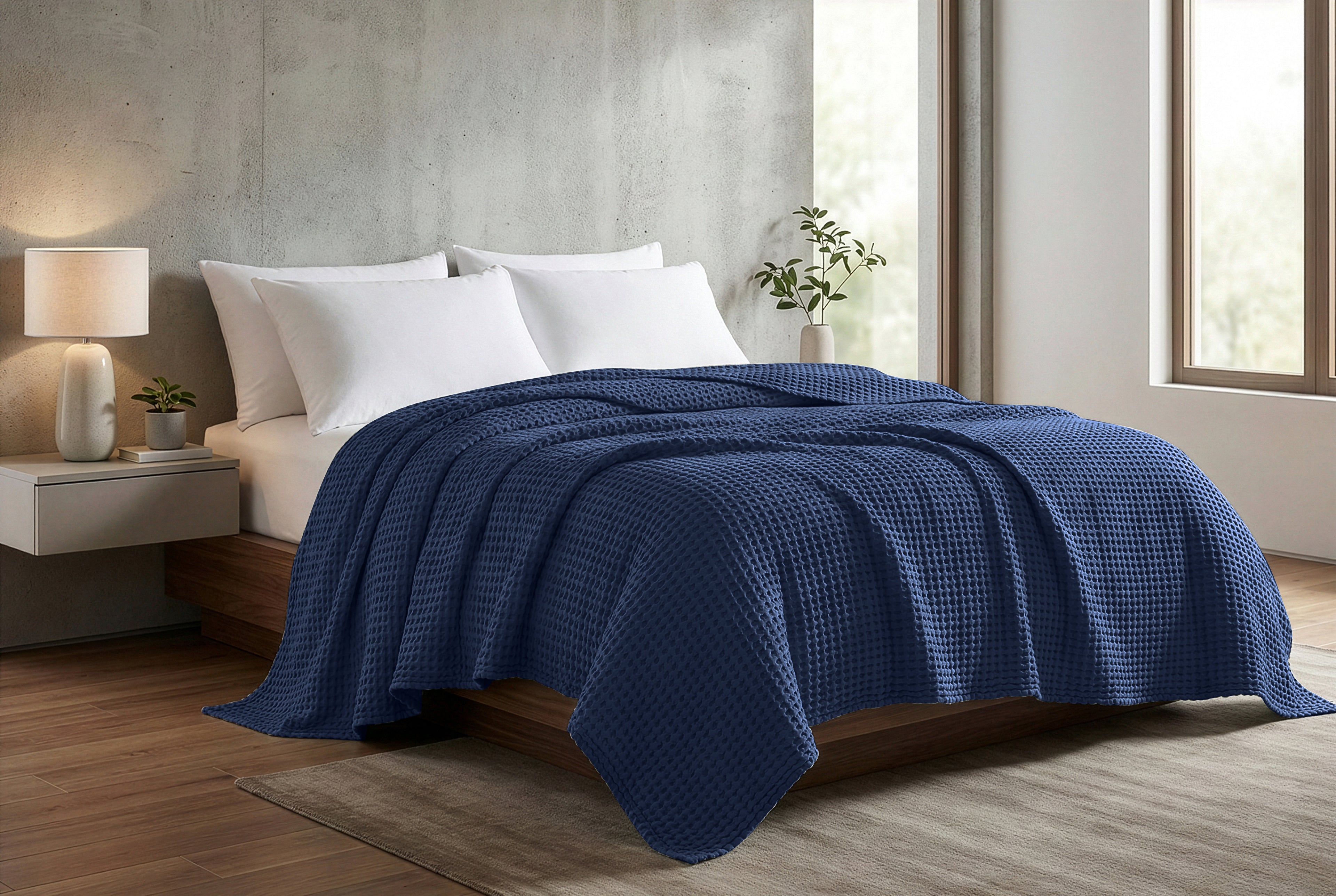 Egyptian cotton Waffle throw blanket,ultra-soft & lightweight with an elegant woven design ,king size 255x225 cm ,Navy blue  Color
