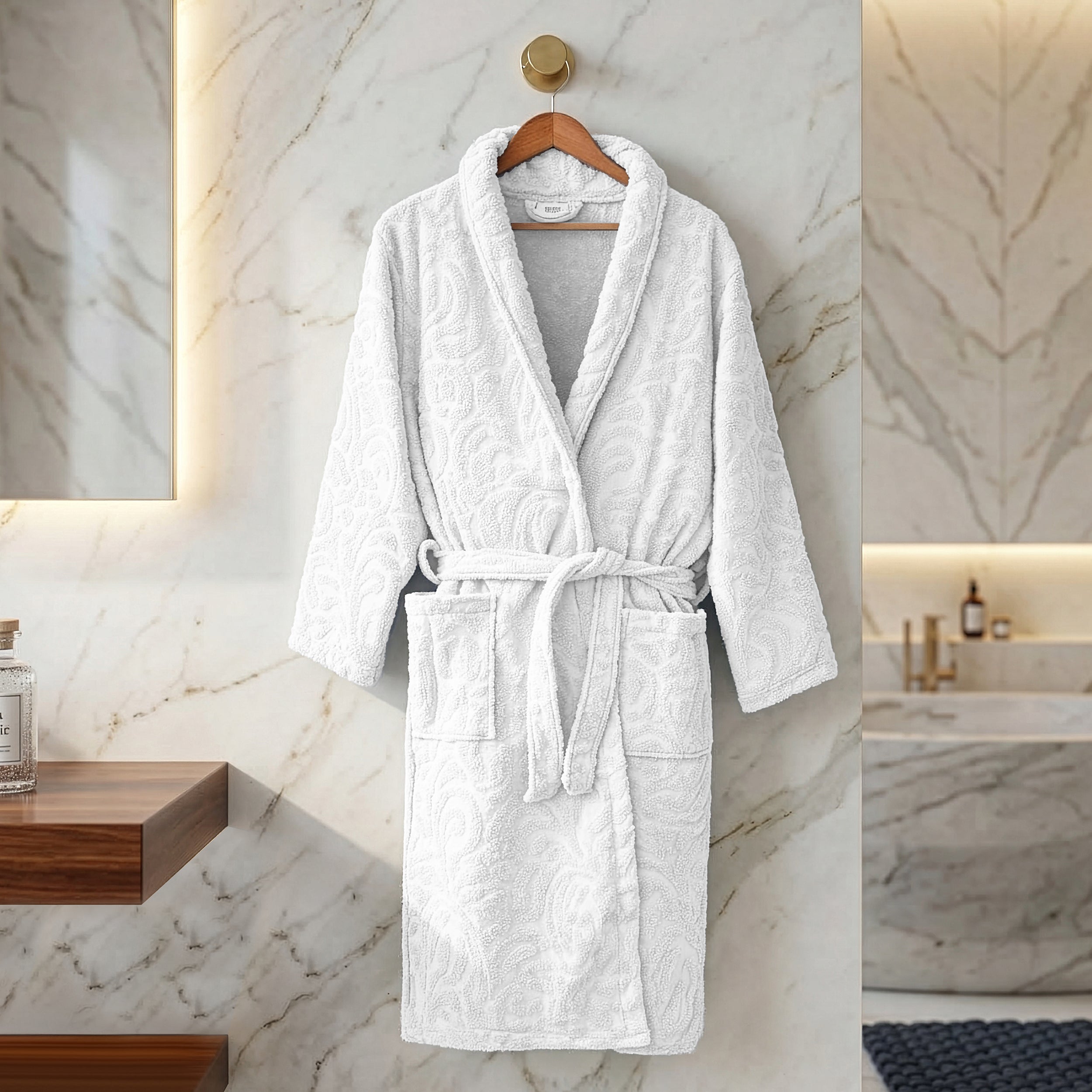 Eliz 100% Cotton Jacquard Bathrobe – Soft Absorbent Spa & Hotel Robe (Offwhite)