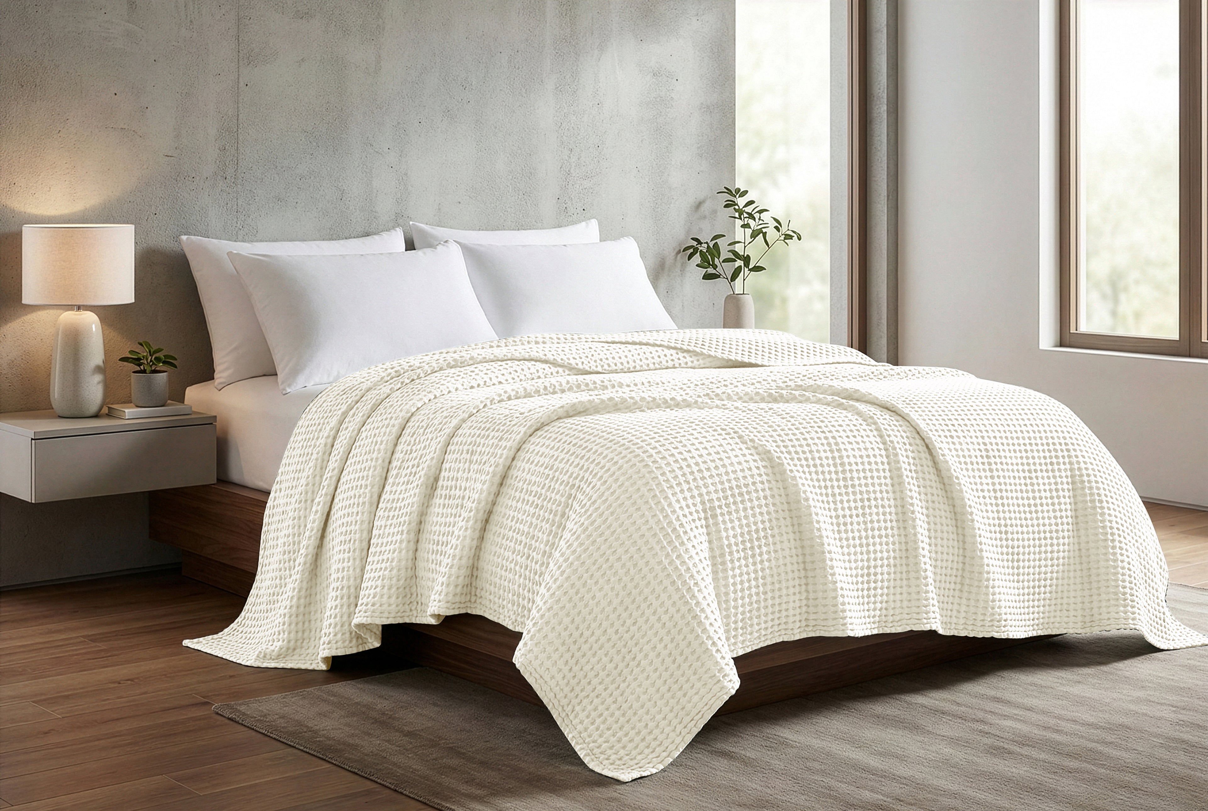 Egyptian cotton Waffle throw blanket,ultra-soft & lightweight with an elegant woven design ,king size 255x225 cm ,Offwhite  Color