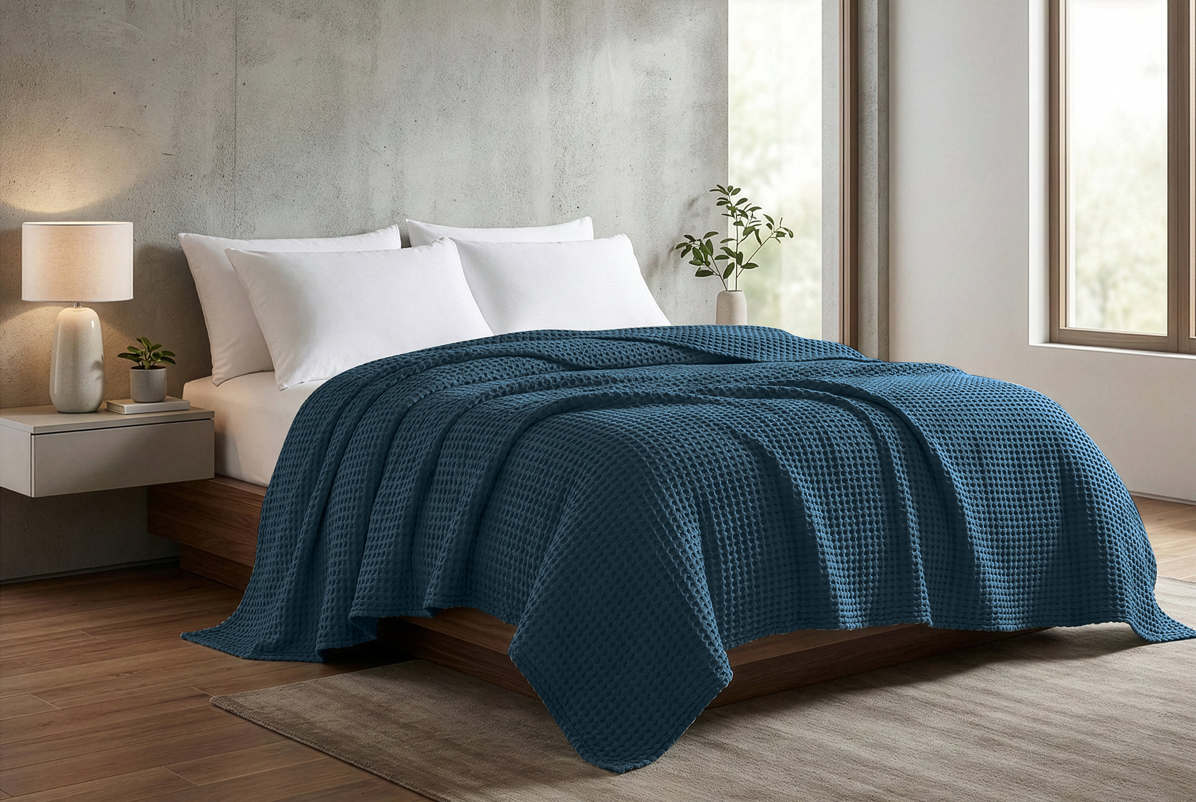 Egyptian cotton Waffle throw blanket,ultra-soft & lightweight with an elegant woven design ,king size 255x225 cm ,Teal  Color