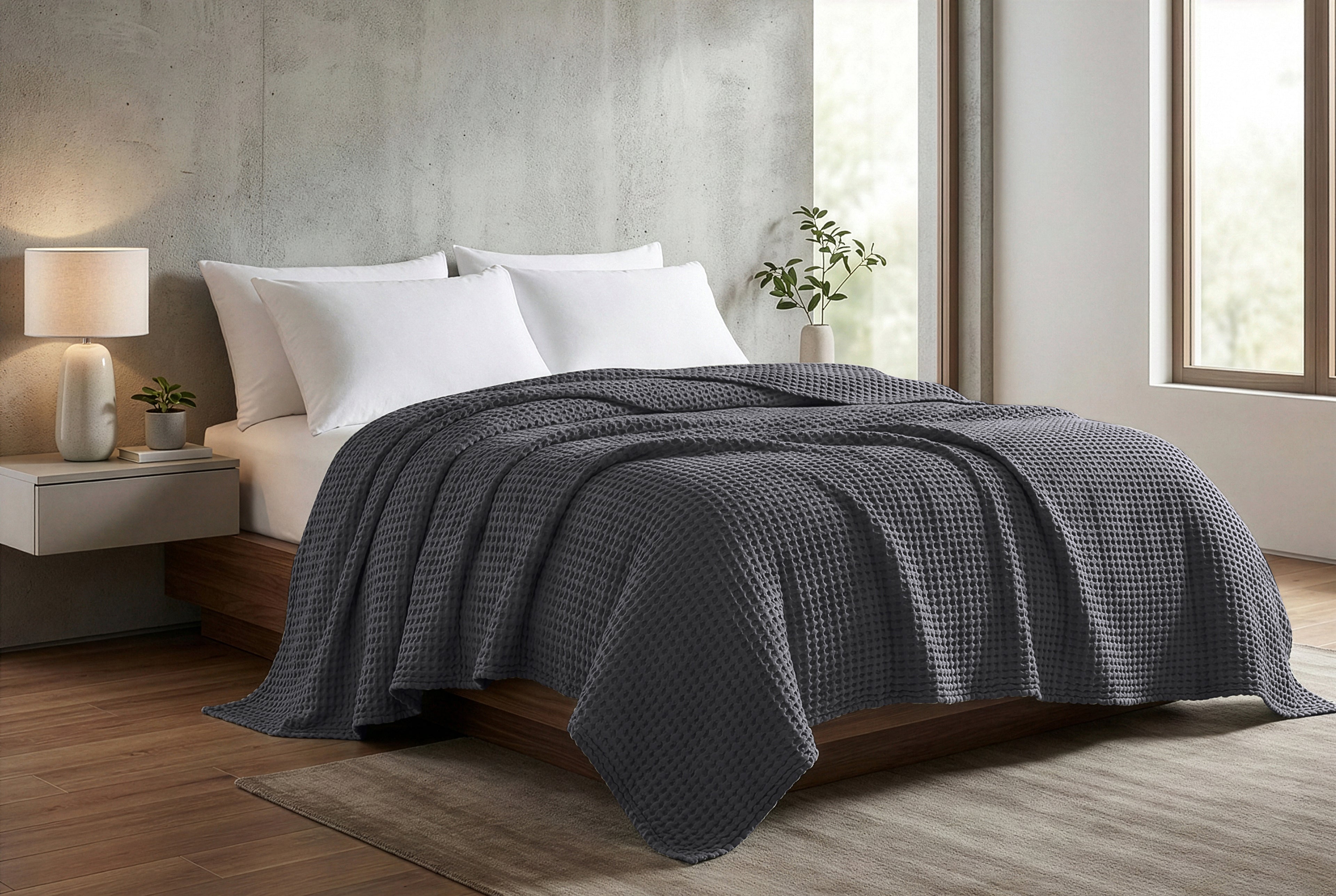 Egyptian cotton Waffle throw blanket,ultra-soft & lightweight with an elegant woven design ,king size 255x225 cm ,Grey  Color