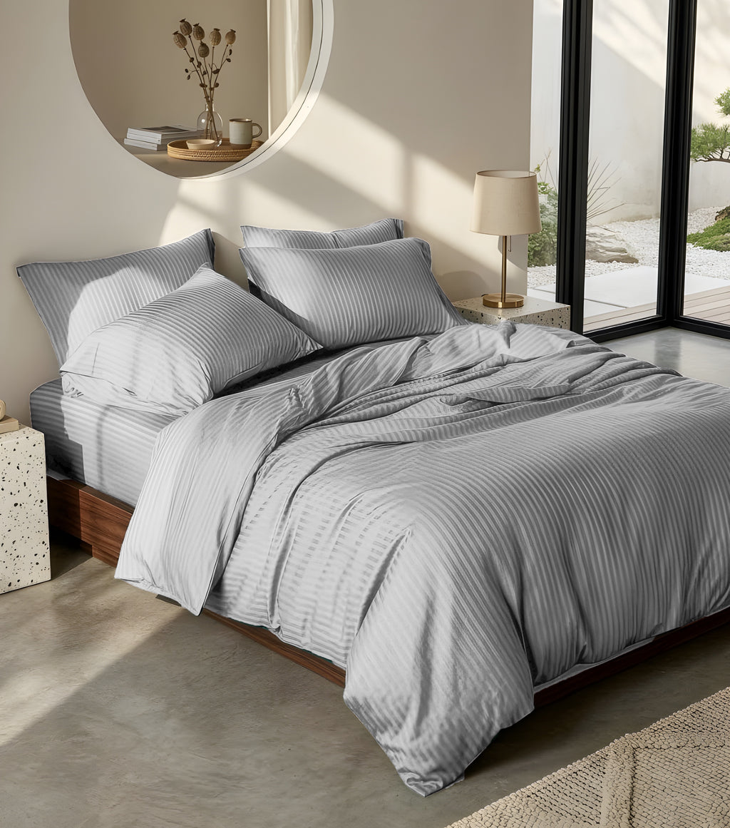 Luxury Satin Stripe Duvet Cover set – 1 cm Stripes ,Hotel Style Bedding(GREY)