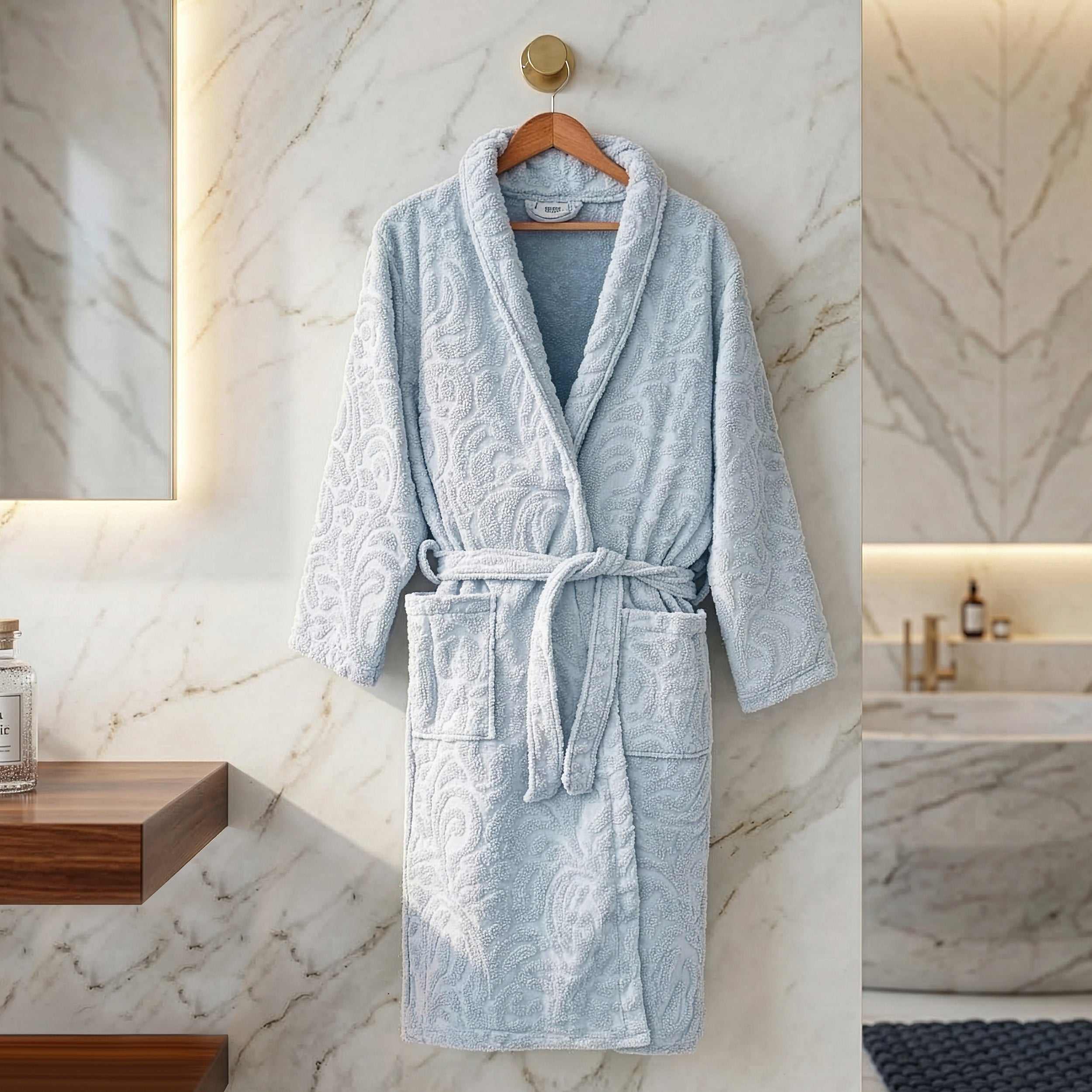 Eliz 100% Cotton Jacquard Bathrobe – Soft Absorbent Spa & Hotel Robe (Baby Blue)