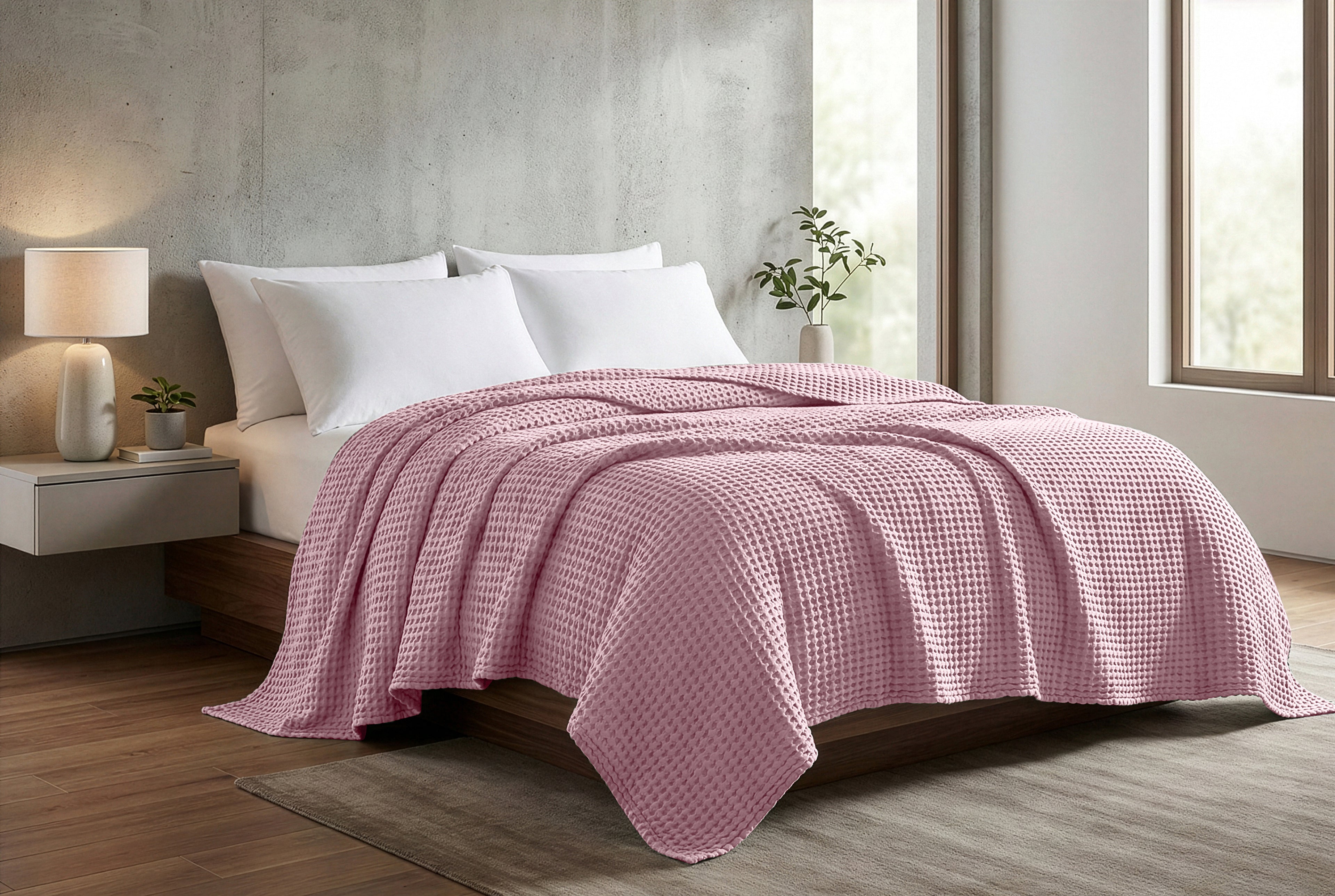 Egyptian cotton Waffle throw blanket,ultra-soft & lightweight with an elegant woven design ,king size 255x225 cm ,Rose  Color