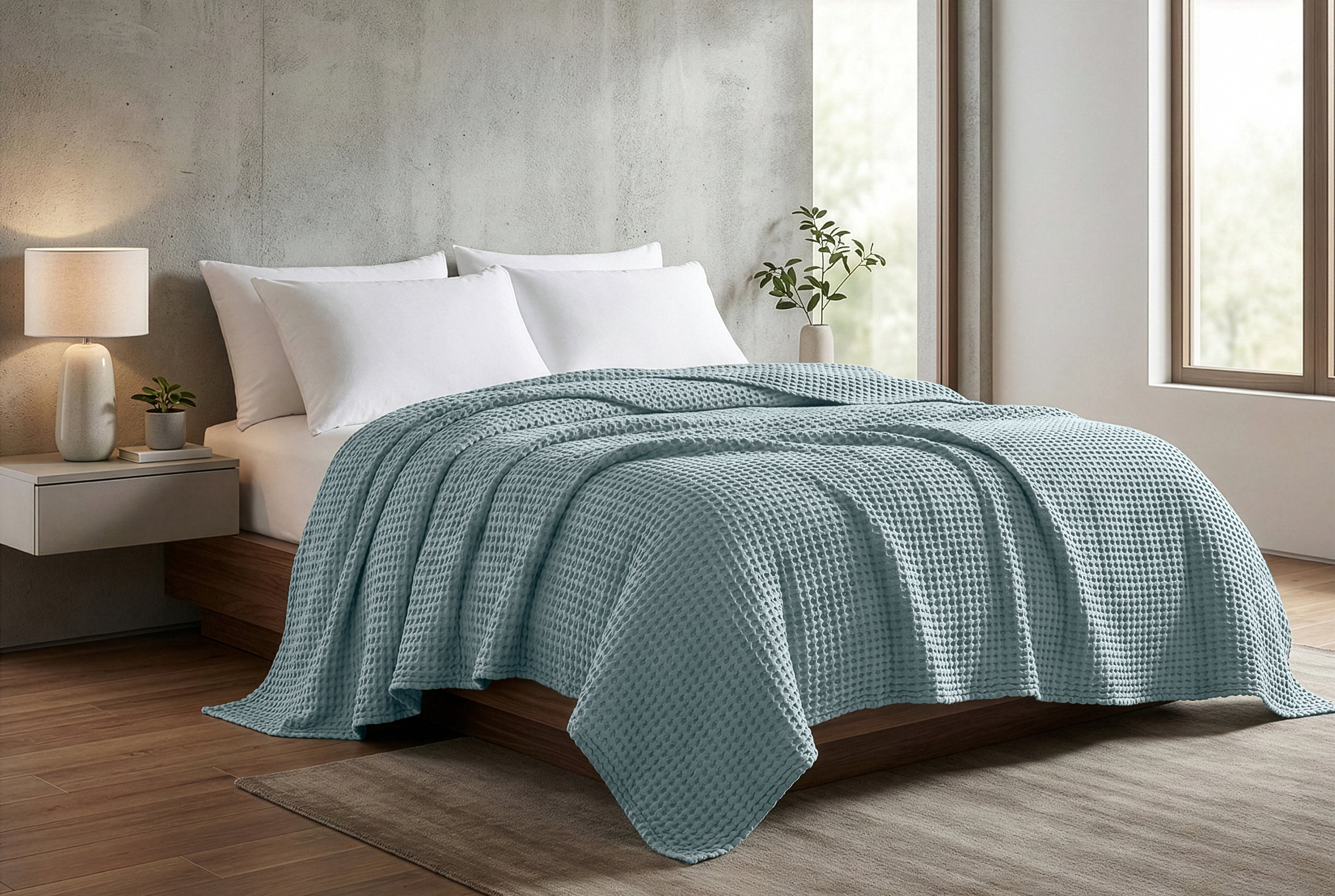 Egyptian cotton Waffle throw blanket,ultra-soft & lightweight with an elegant woven design ,king size 255x225 cm ,Aqua  Color