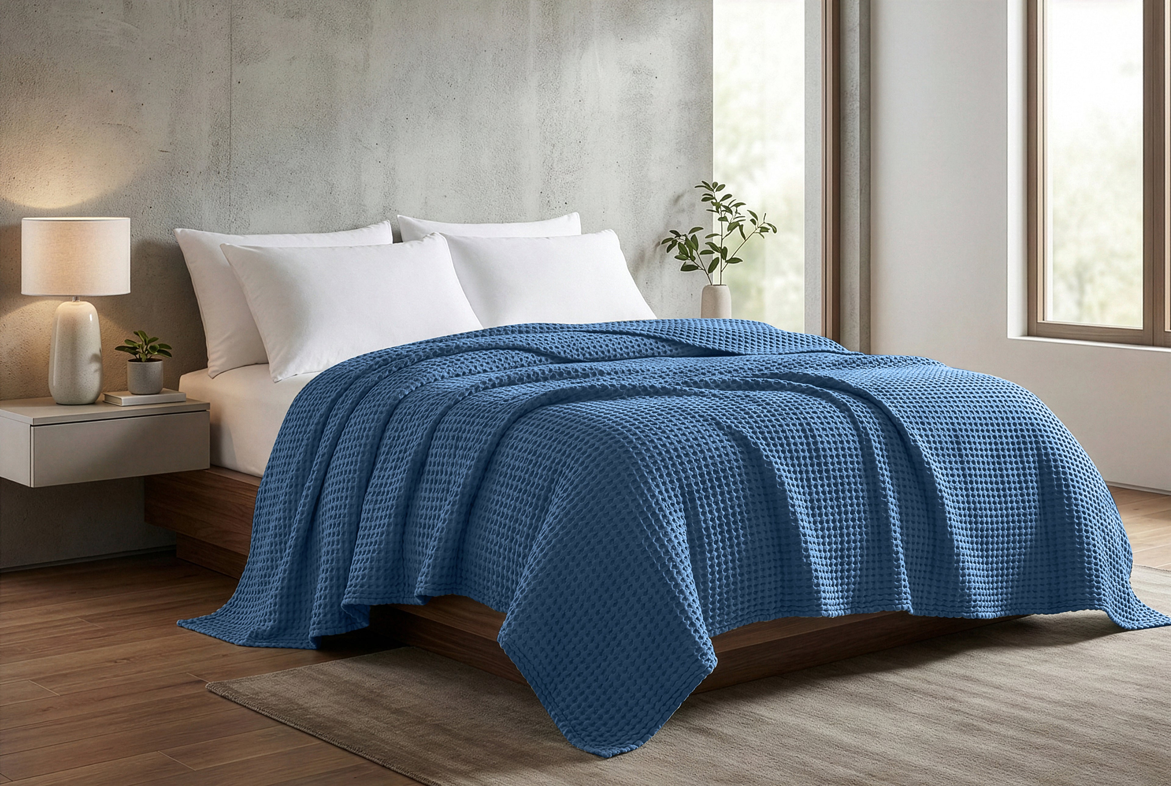 Egyptian cotton Waffle throw blanket,ultra-soft & lightweight with an elegant woven design ,king size 255x225 cm ,Indigo  Color