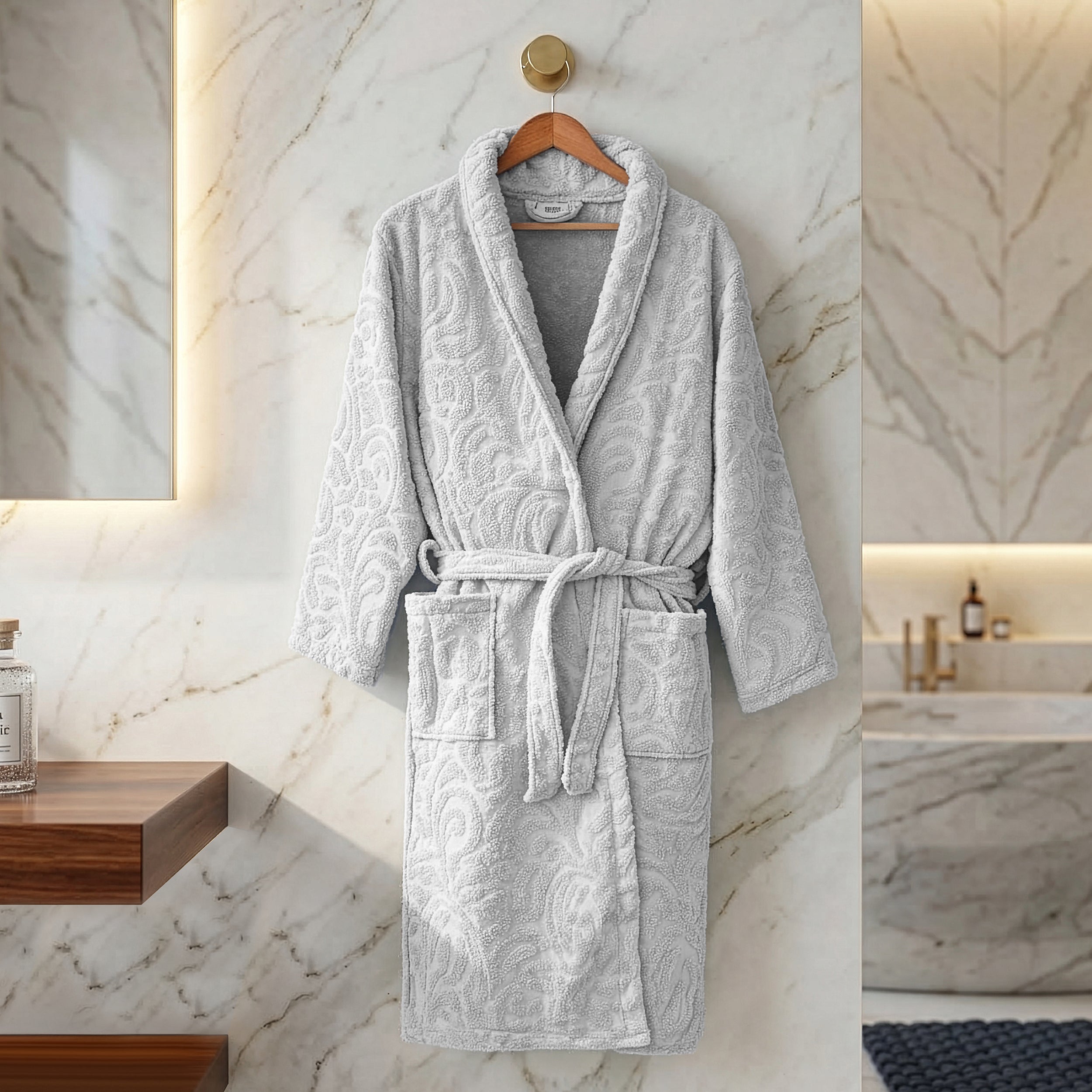 Eliz 100% Cotton Jacquard Bathrobe – Soft Absorbent Spa & Hotel Robe (Silver)