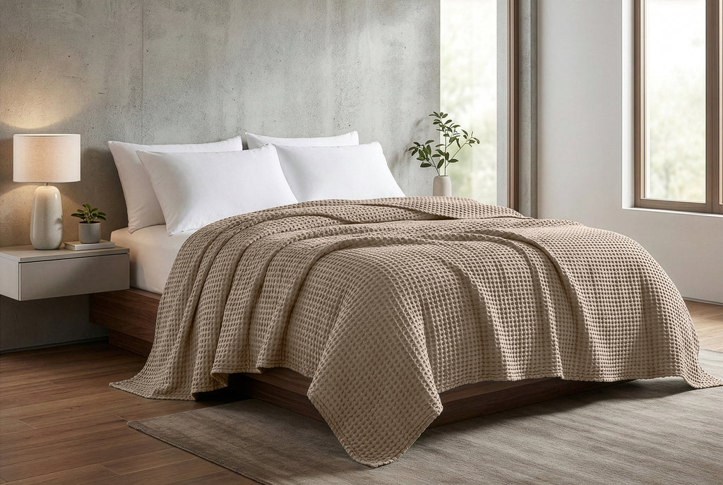 Egyptian cotton Waffle throw blanket,ultra-soft & lightweight with an elegant woven design ,king size 255x225 cm ,Light cafe  Color