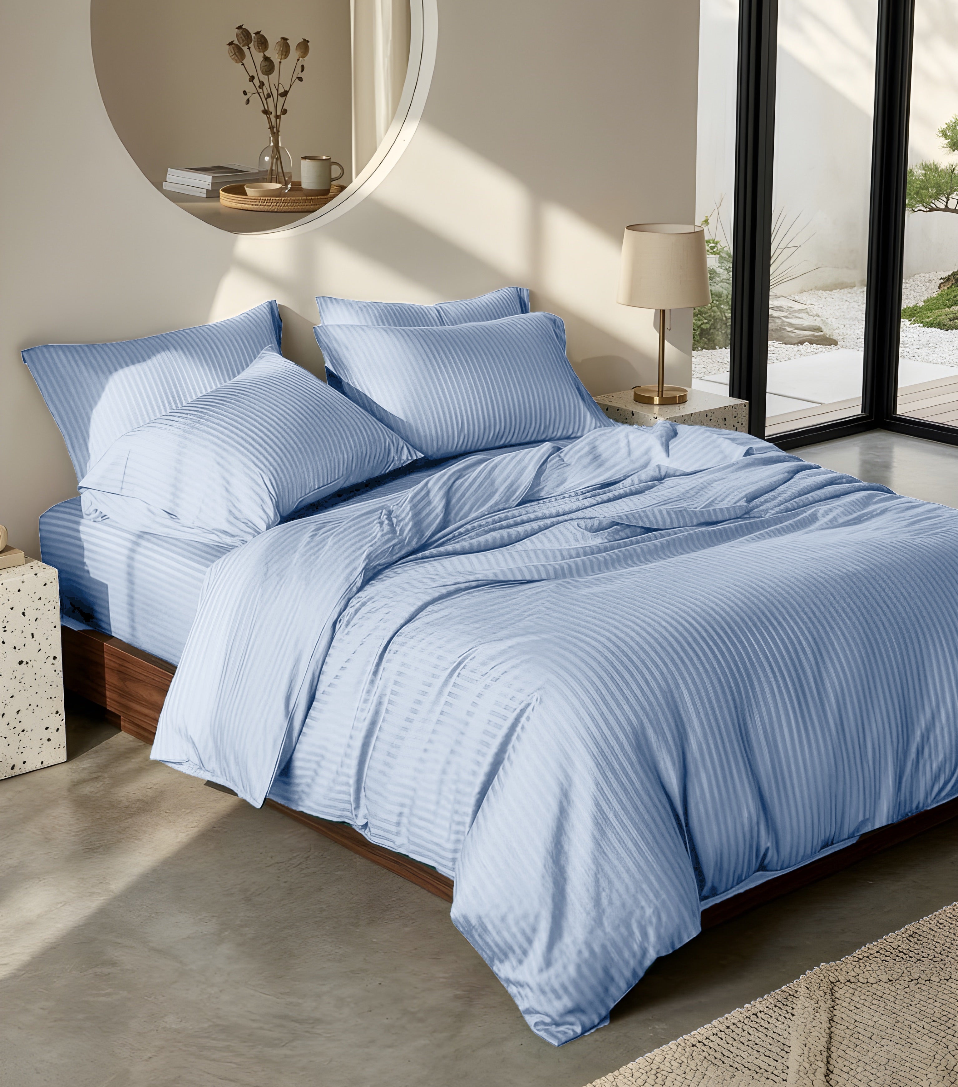 Luxury Satin Stripe Duvet Cover set – 1 cm Stripes ,Hotel Style Bedding (Baby Blue)
