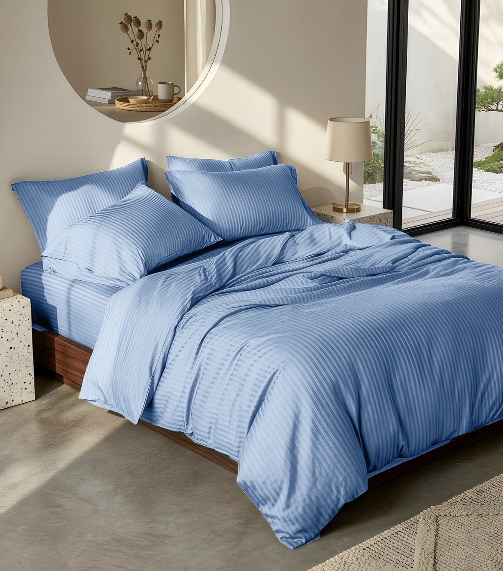 Luxury Satin Stripe Duvet Cover set – 1 cm Stripes ,Hotel Style Bedding (Petroleum)
