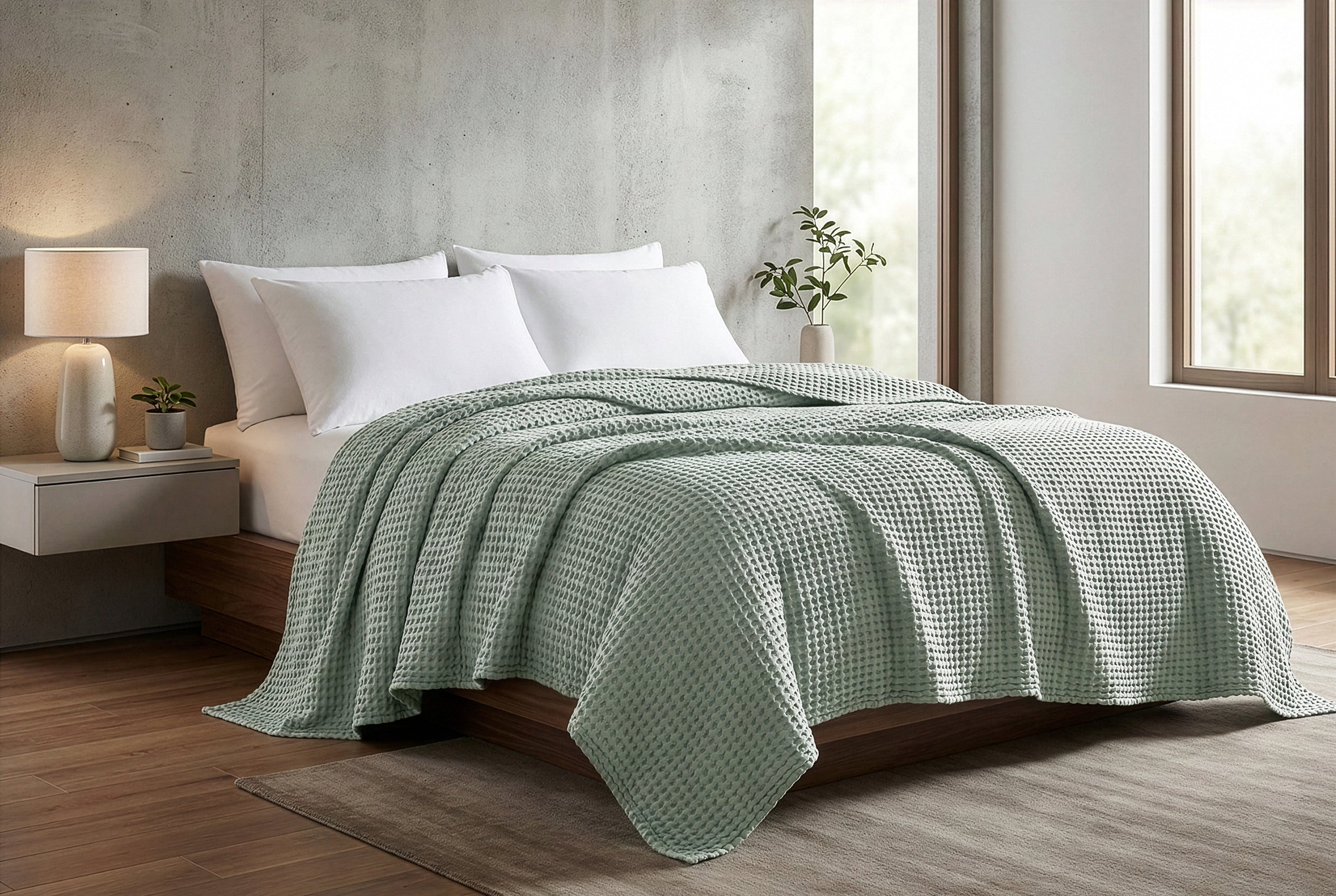 Egyptian cotton Waffle throw blanket,ultra-soft & lightweight with an elegant woven design ,king size 255x225 cm ,Mint green  Color