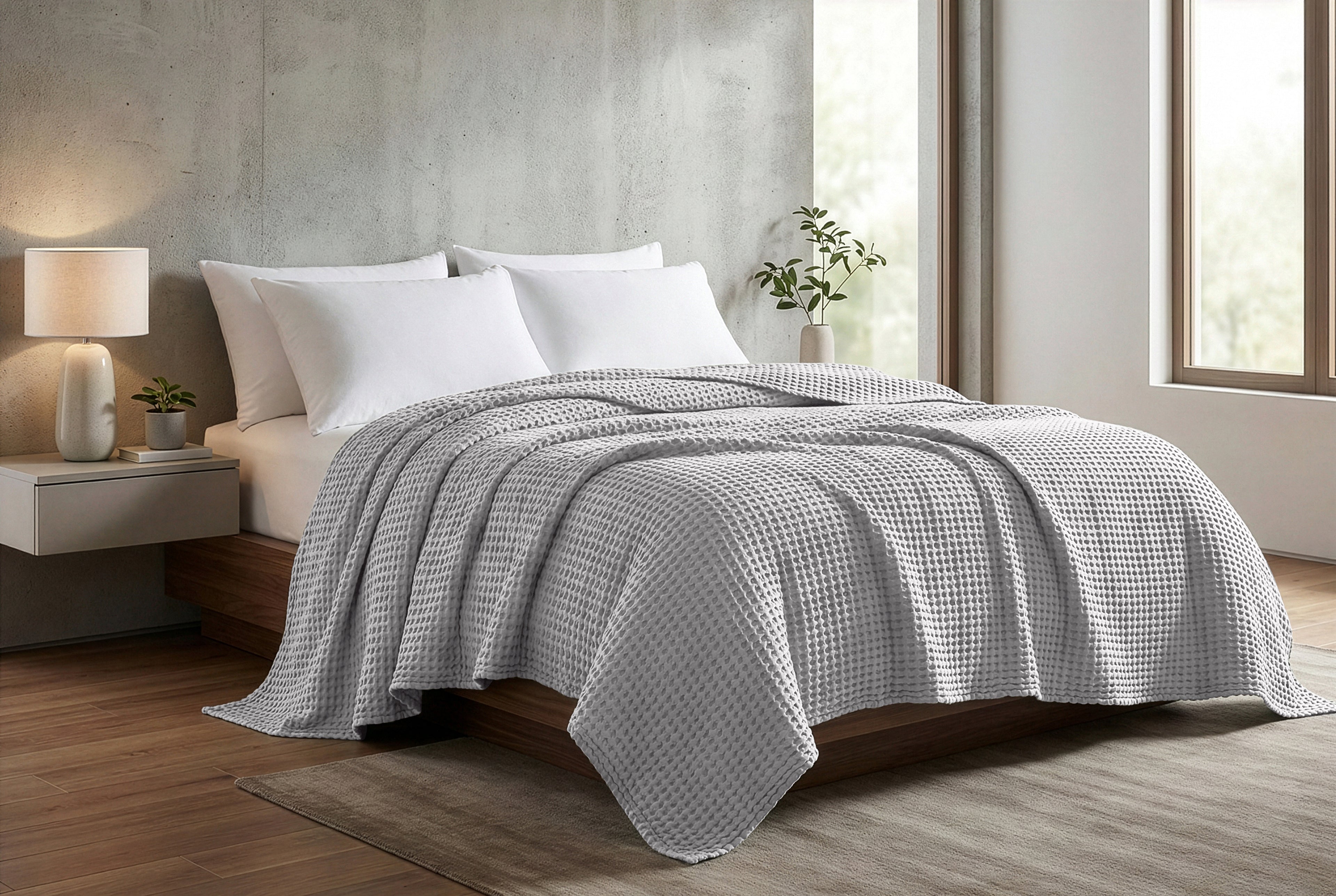 Egyptian cotton Waffle throw blanket,ultra-soft & lightweight with an elegant woven design ,king size 255x225 cm ,Silver  Color