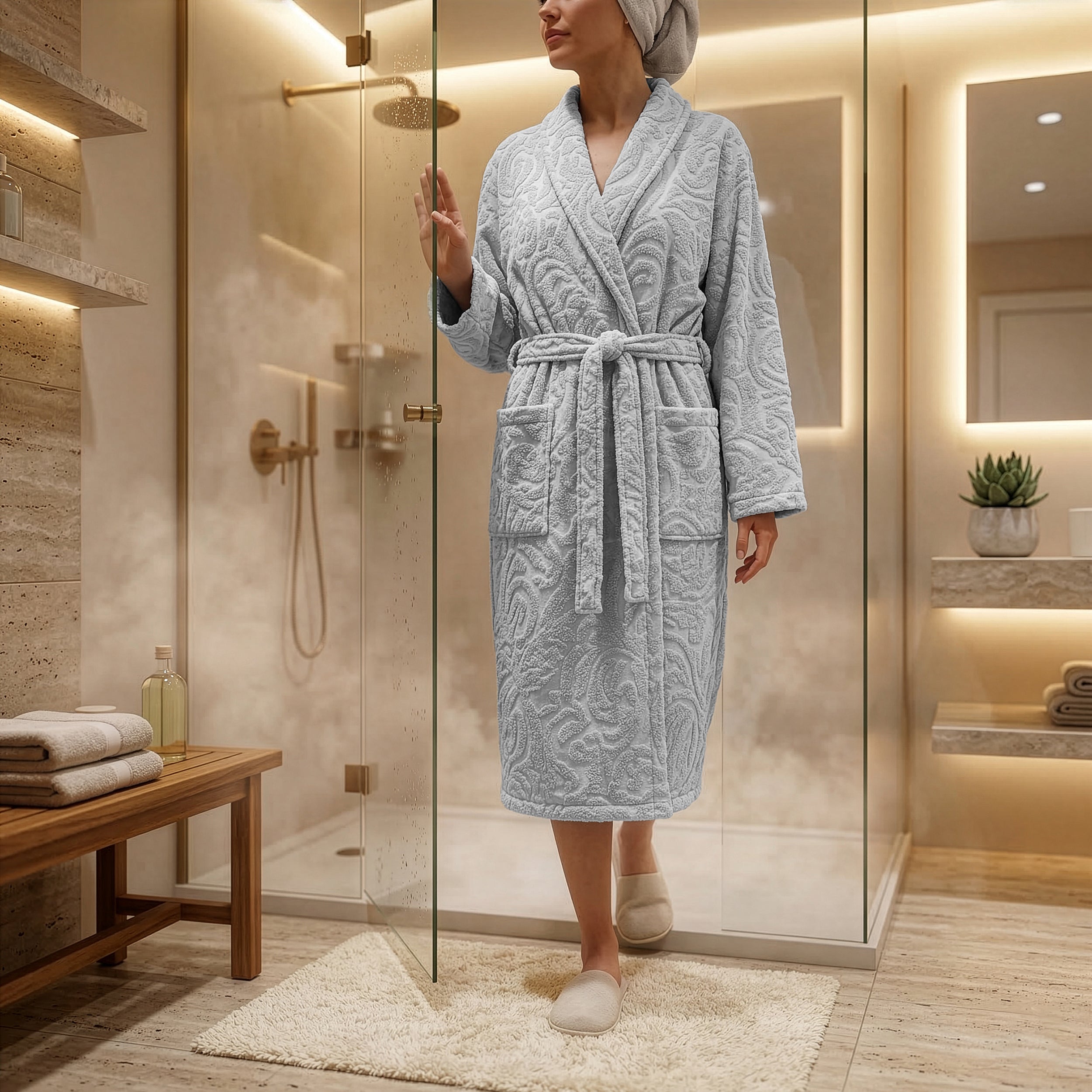 Eliz 100% Cotton Jacquard Bathrobe – Soft Absorbent Spa & Hotel Robe (Silver)