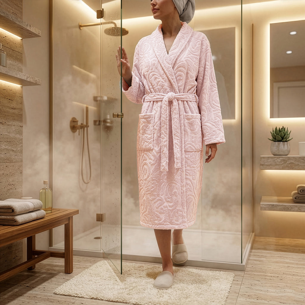 Eliz 100% Cotton Jacquard Bathrobe – Soft Absorbent Spa & Hotel Robe (Rose)