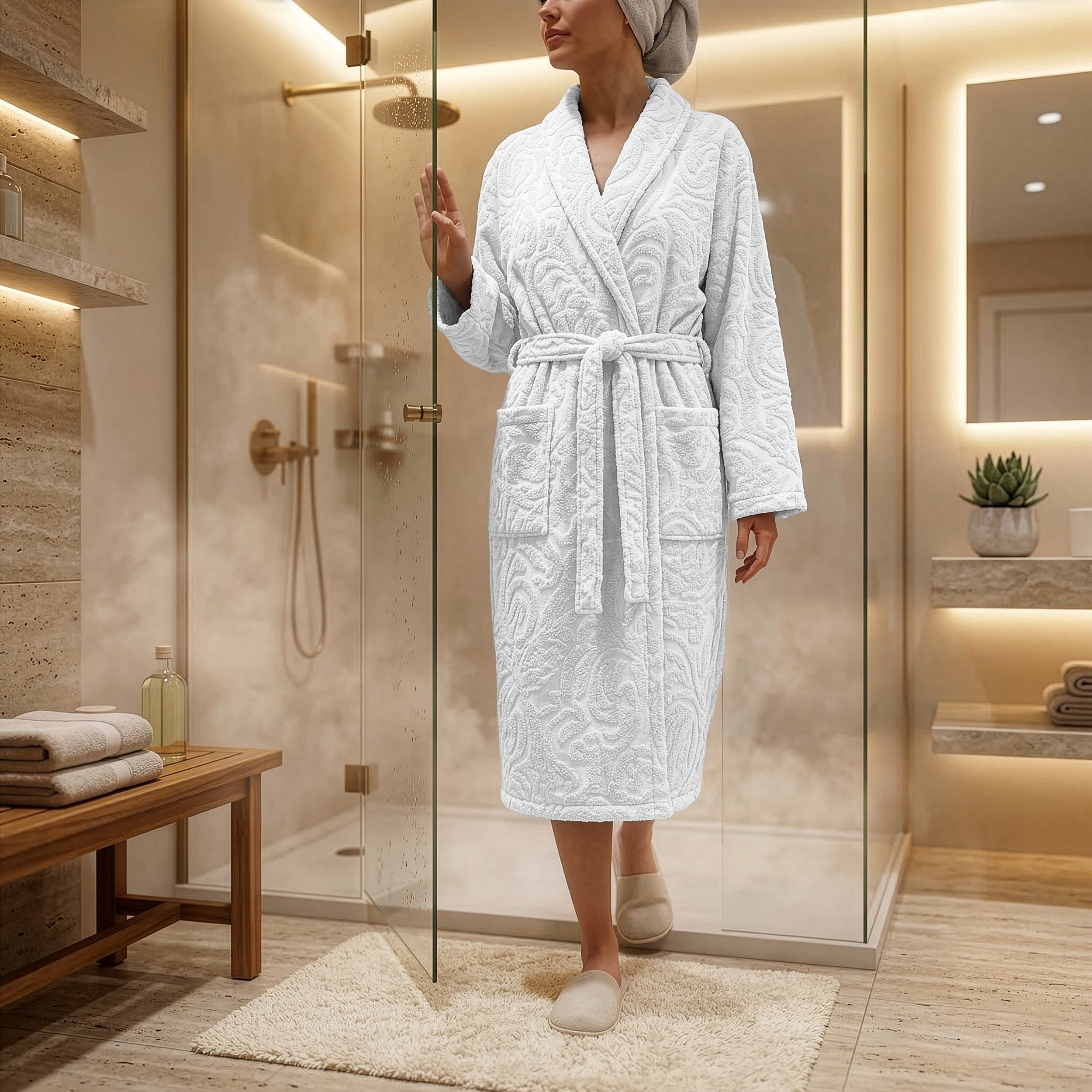 Eliz 100% Cotton Jacquard Bathrobe – Soft Absorbent Spa & Hotel Robe (Offwhite)