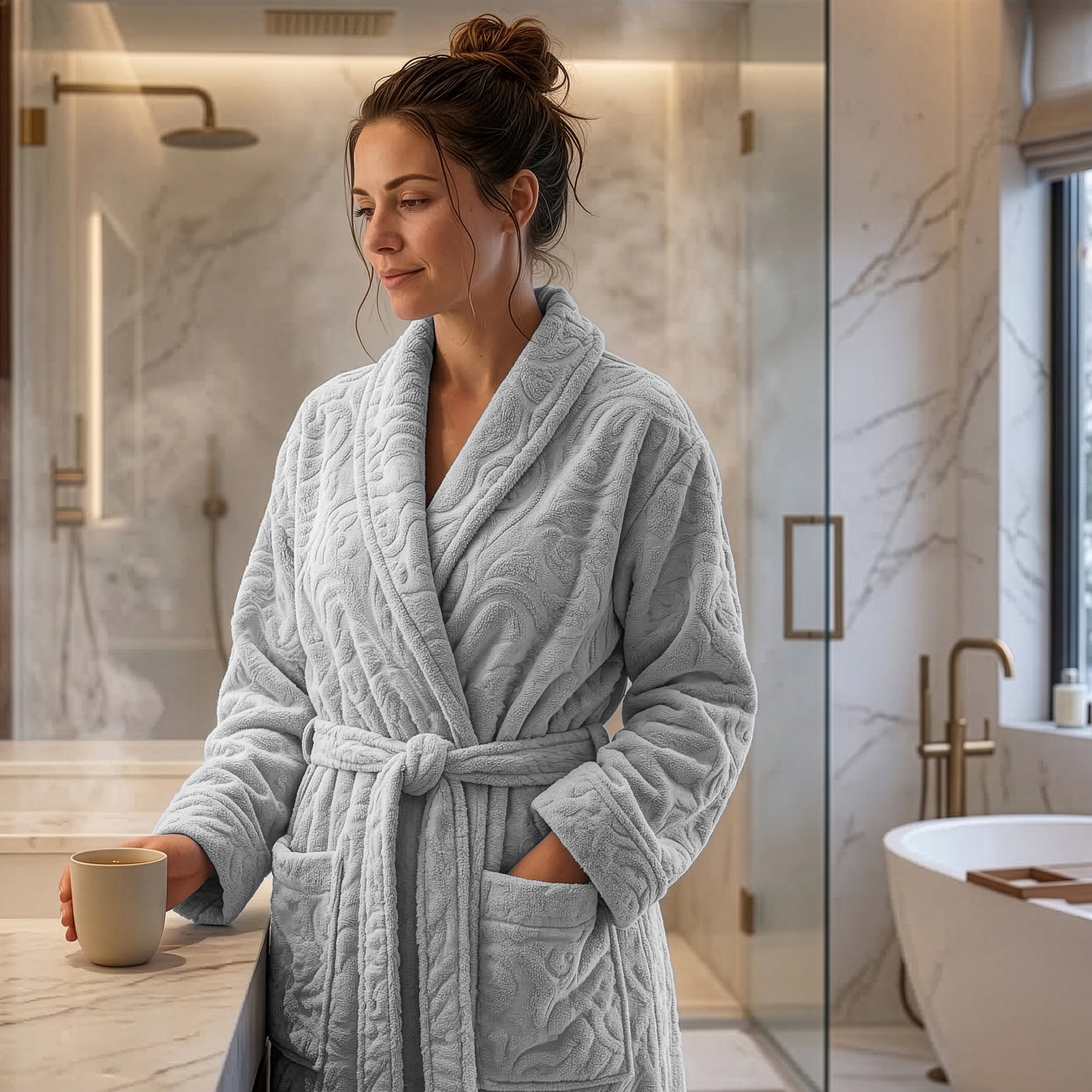 Eliz 100% Cotton Jacquard Bathrobe – Soft Absorbent Spa & Hotel Robe (Silver)