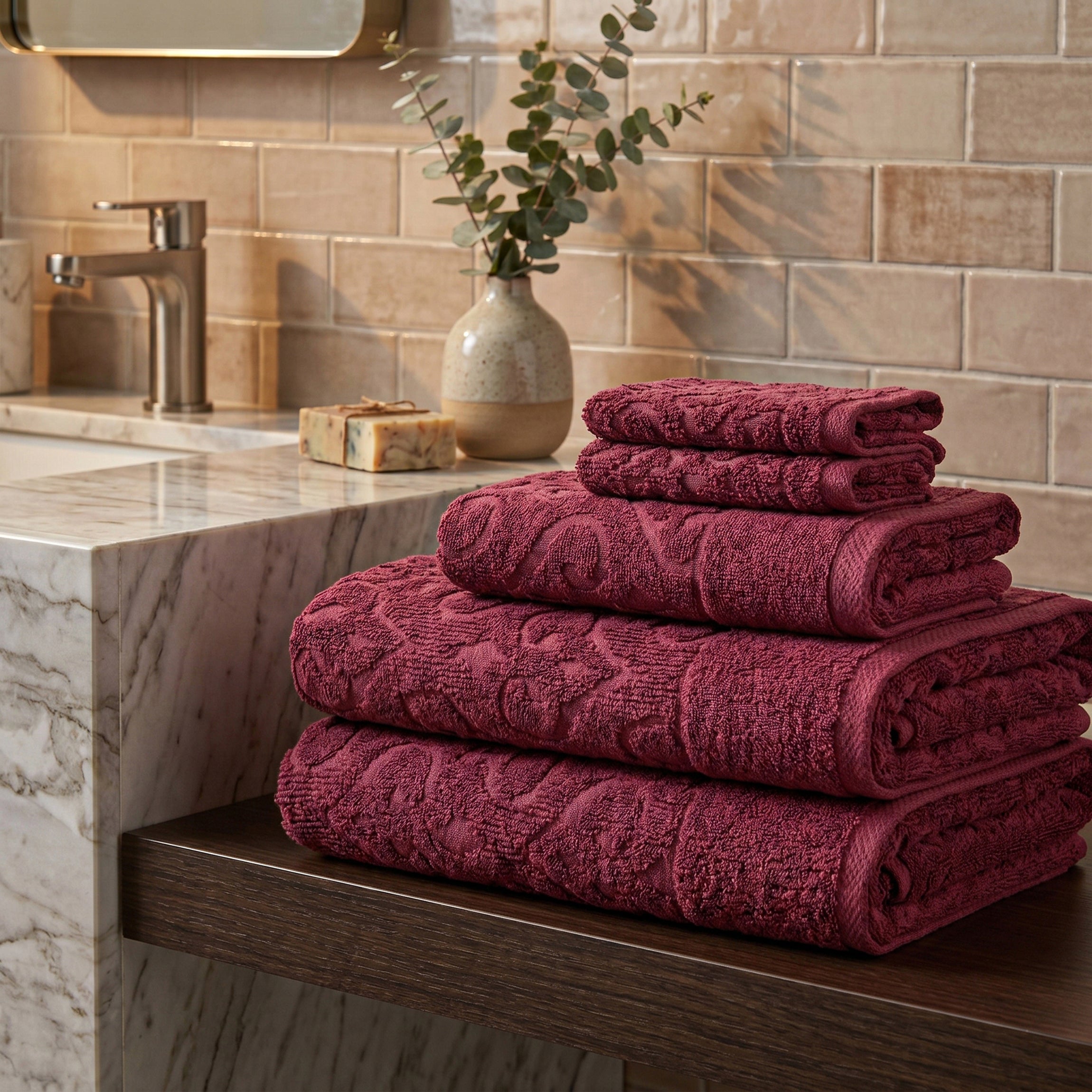 Andalus Bath Towel Set, Pack of 5 Pieces , Ultra Soft and Highly Absorbent Towels,(Burghandi)