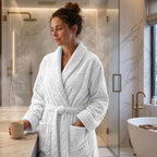 Eliz 100% Cotton Jacquard Bathrobe – Soft Absorbent Spa & Hotel Robe (Offwhite)