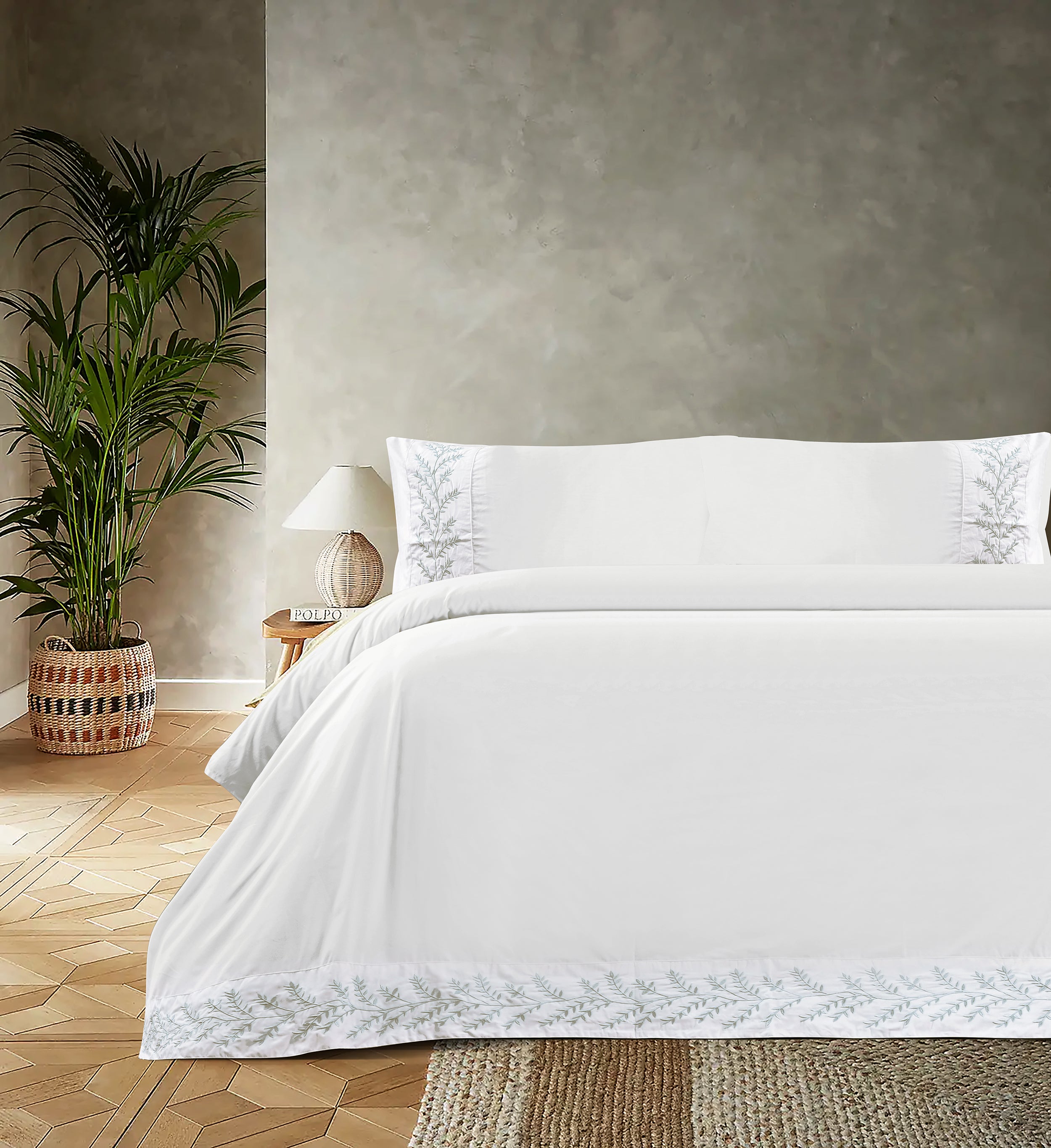 Capri White Soft Touch Embroidered Bed Sheet 240x260cm (2 pillow cases included)olive embroidery