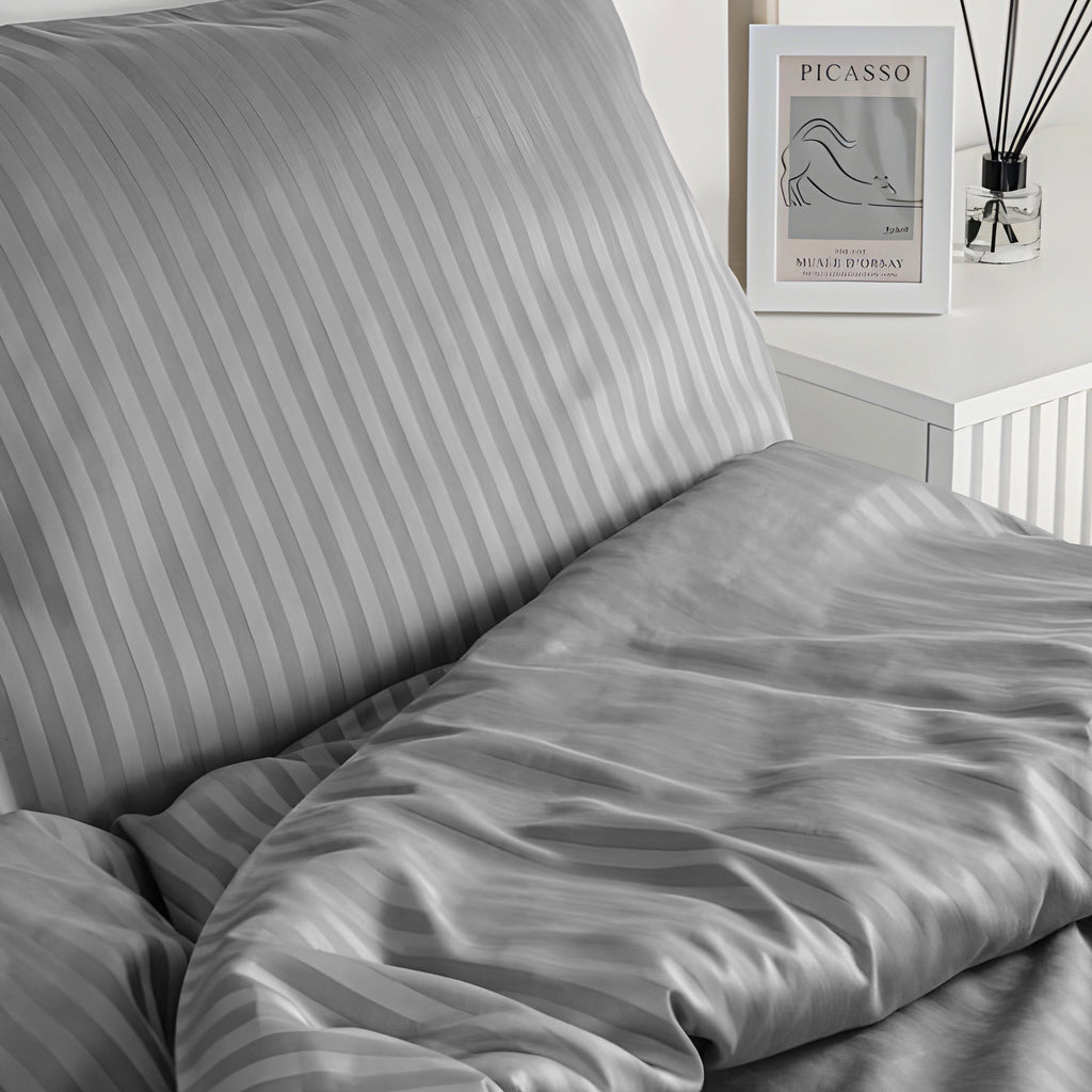 Luxury Satin Stripe Duvet Cover set – 1 cm Stripes ,Hotel Style Bedding(GREY)