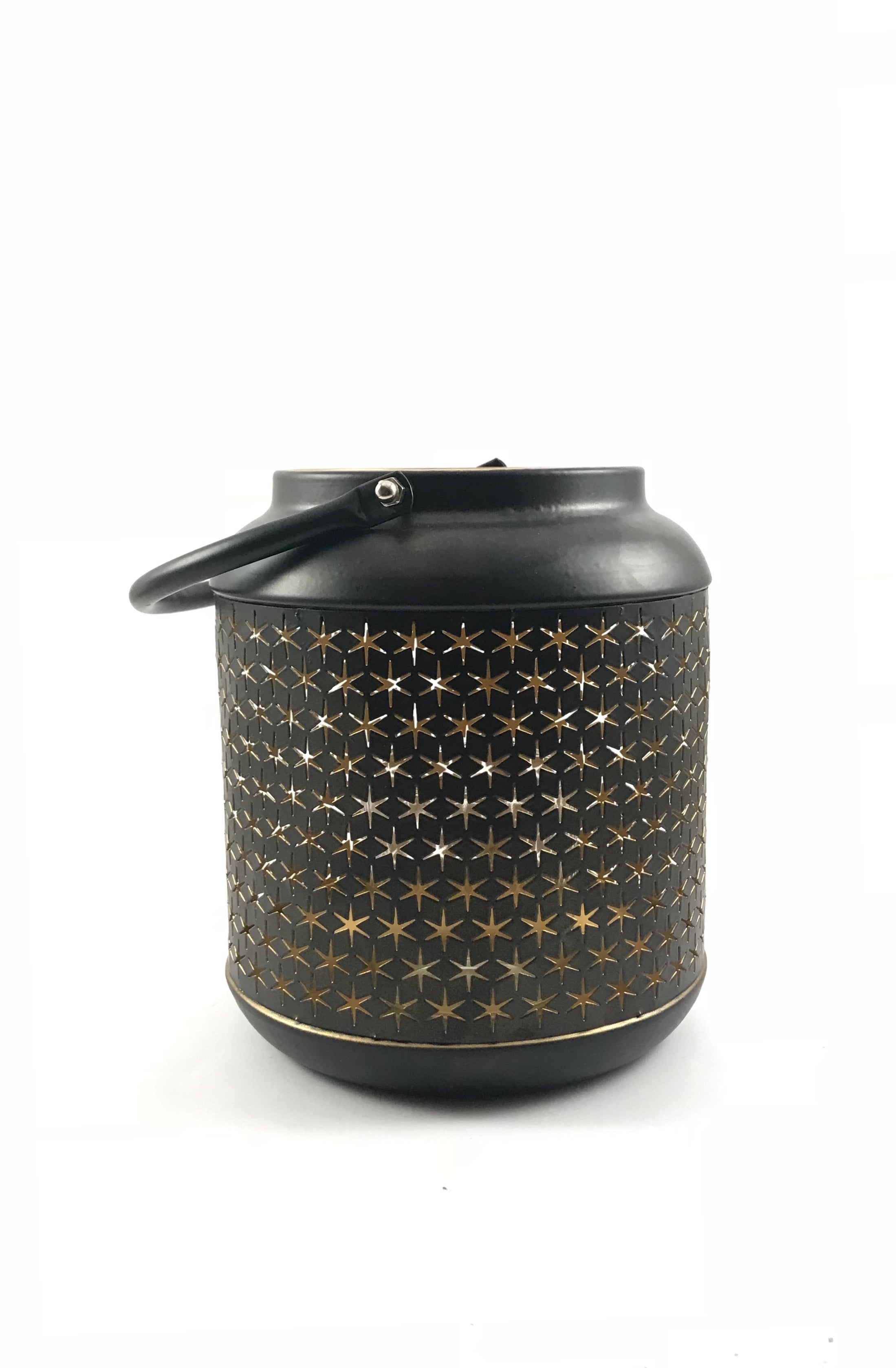 Black & Gold Star Pattern Metal Lantern – Decorative Candle Holder with Handle