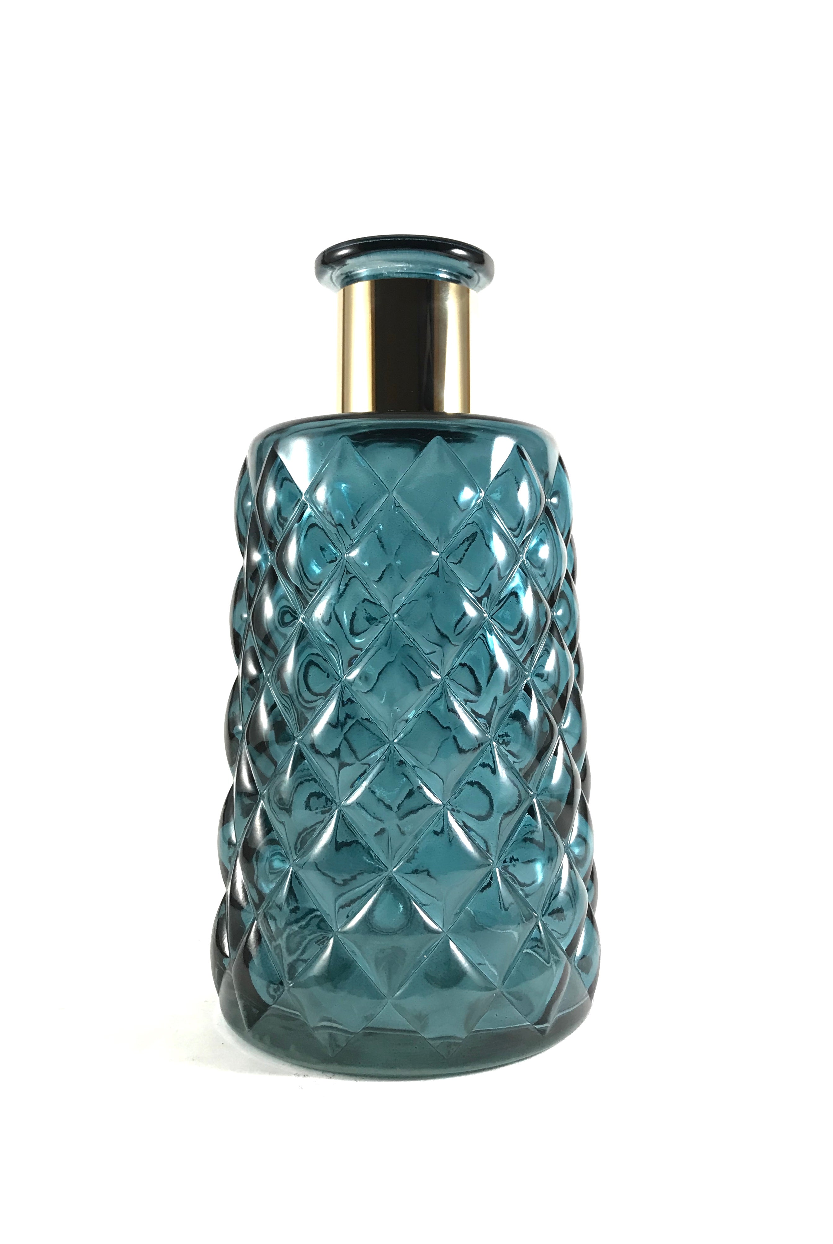 Hand  made Teal Blue Glass Vase with Gold Accent | Geometric Decorative Vase