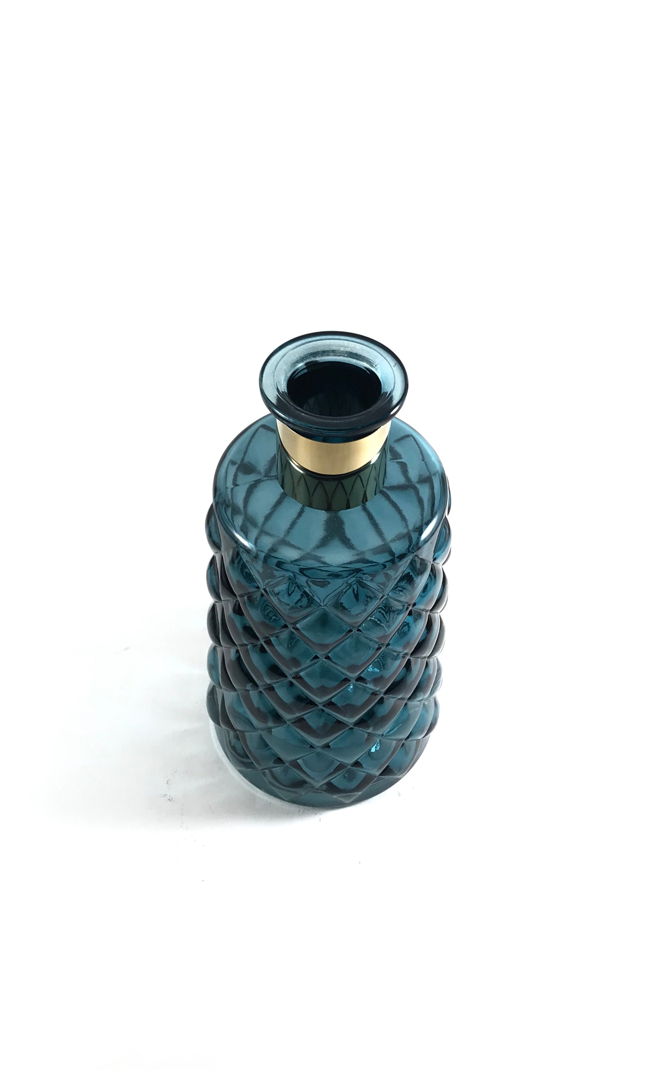 Hand  made Teal Blue Glass Vase with Gold Accent | Geometric Decorative Vase