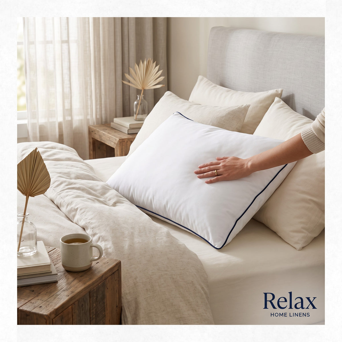Relax hotel-style pillow styled in a bedroom