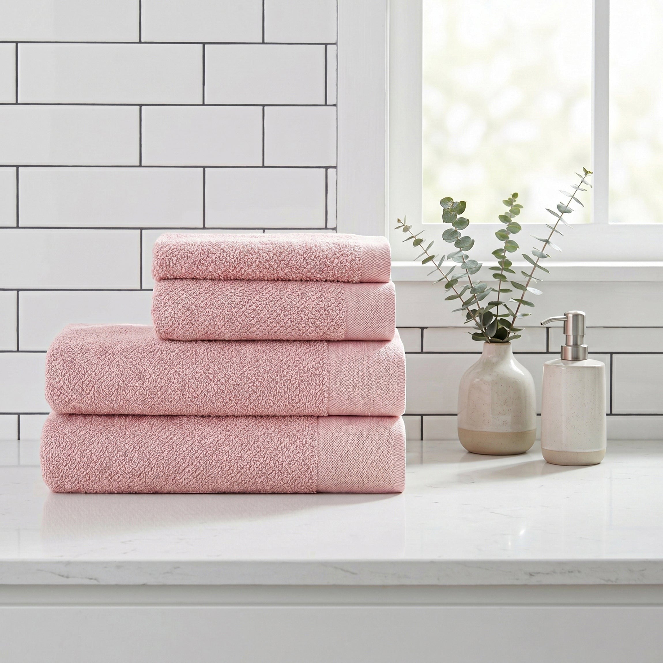 Relax Home Linens Aura Bath Towel Set, 4-piece, ultra-soft rose Egyptian cotton towels. Includes face, hand, bath, and body sizes.