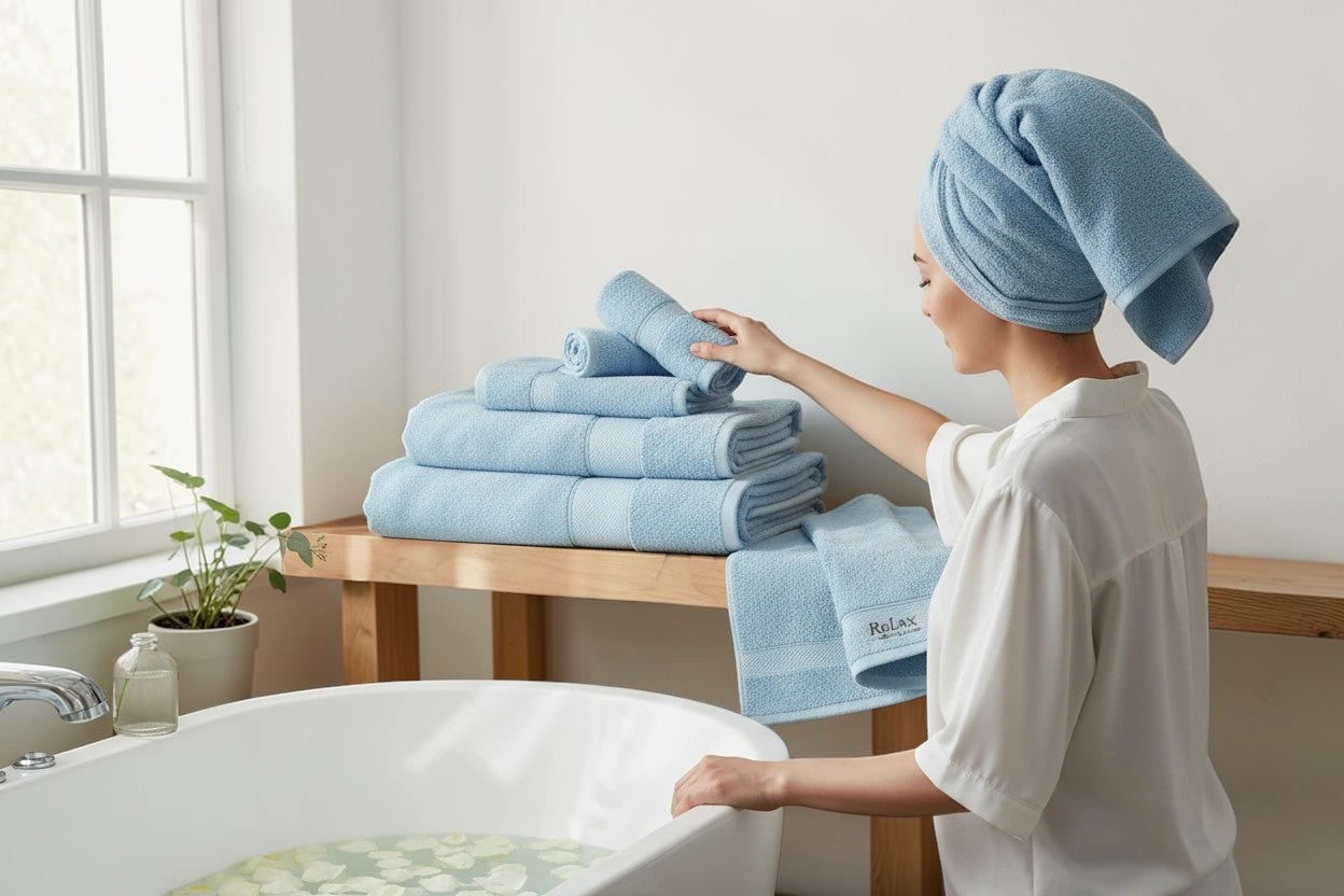 Relax Home Linens baby blue Egyptian cotton bath towel set, 5 pieces, highly absorbent and soft.