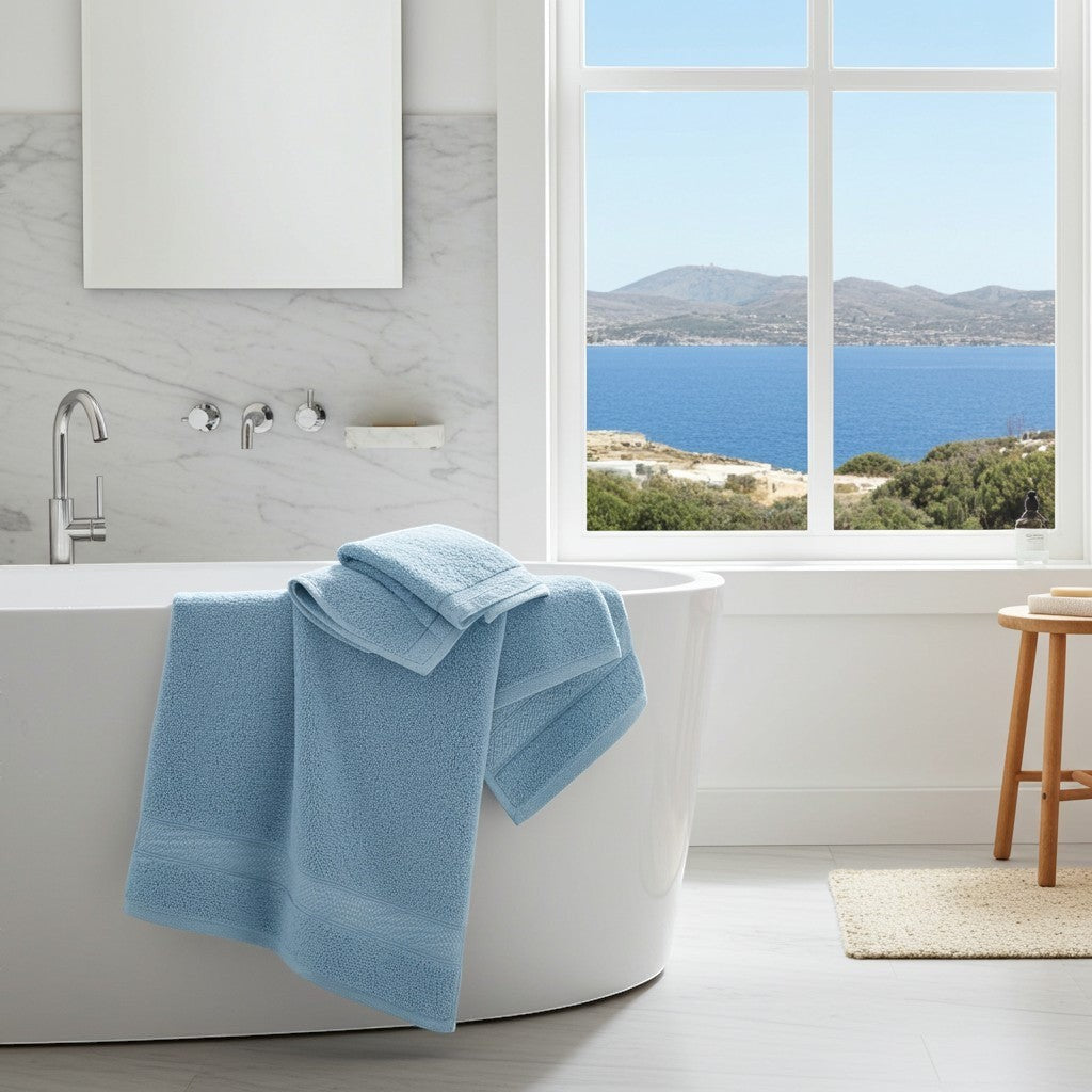 Relax Home Linens baby blue Egyptian cotton bath towel set, 5 pieces, highly absorbent and soft.