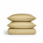 Relax Home Linens beige satin stripe duvet cover set with two matching pillowcases in a hotel-style cotton blend.