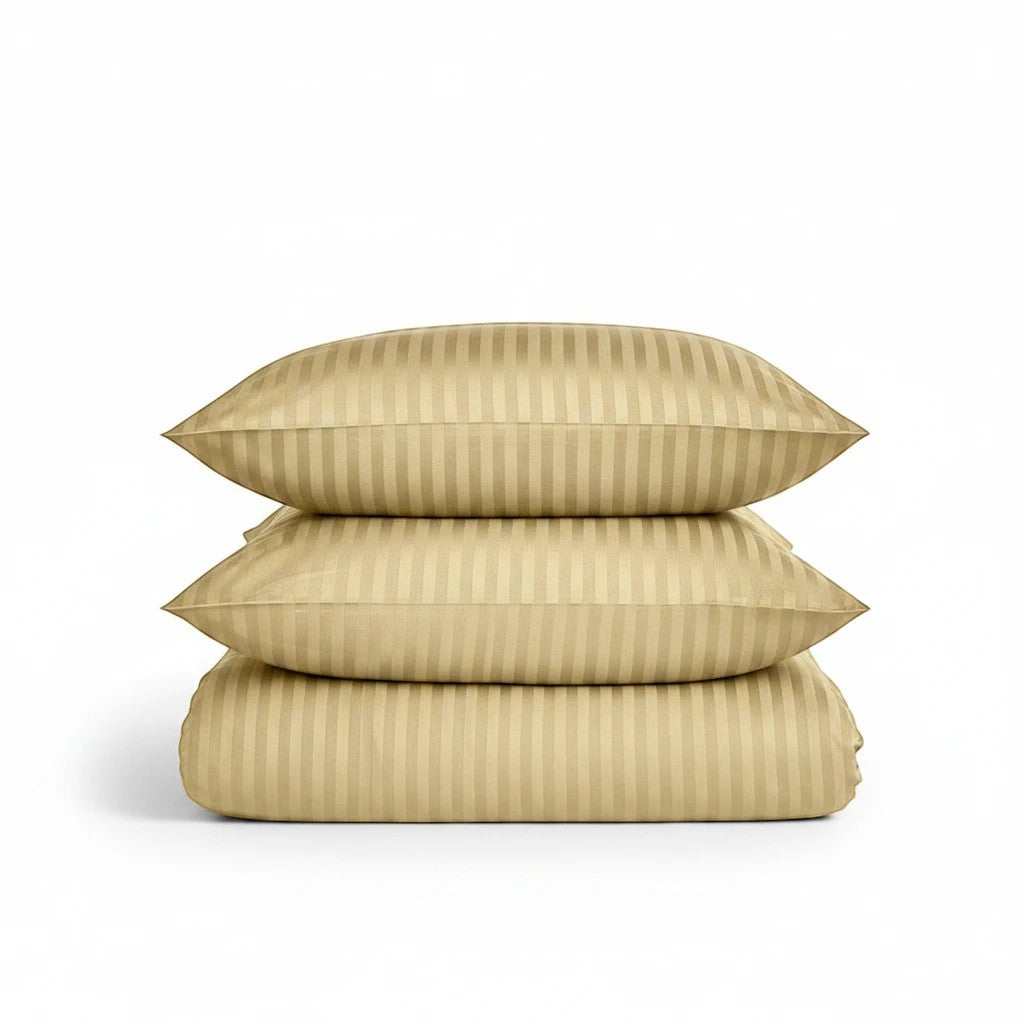Relax Home Linens beige satin stripe duvet cover set with two matching pillowcases in a hotel-style cotton blend.