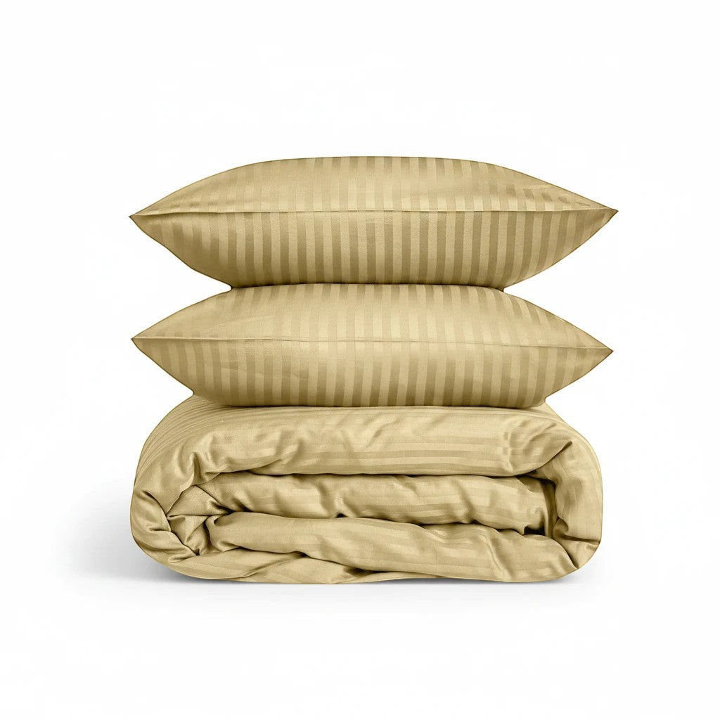 Relax Home Linens beige satin stripe duvet cover set with two matching pillowcases in a hotel-style cotton blend.