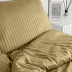 Relax Home Linens beige satin stripe duvet cover set with 1 cm stripes in a hotel-style bedroom setting.