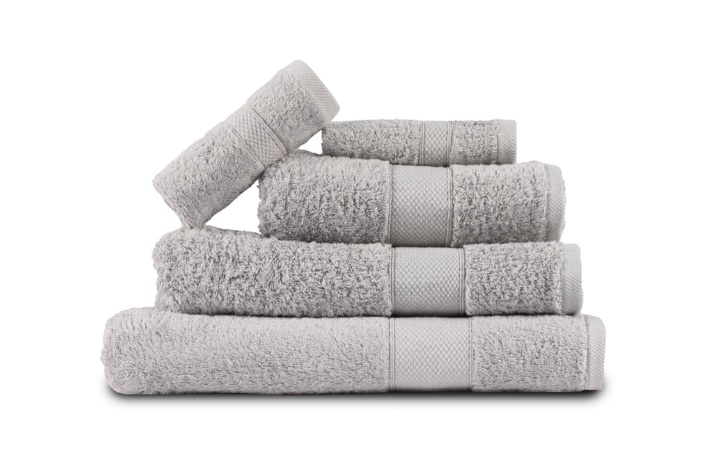 Relax Home Linens 5-piece silver Egyptian cotton towel set, highly absorbent and soft for spa or everyday use.
